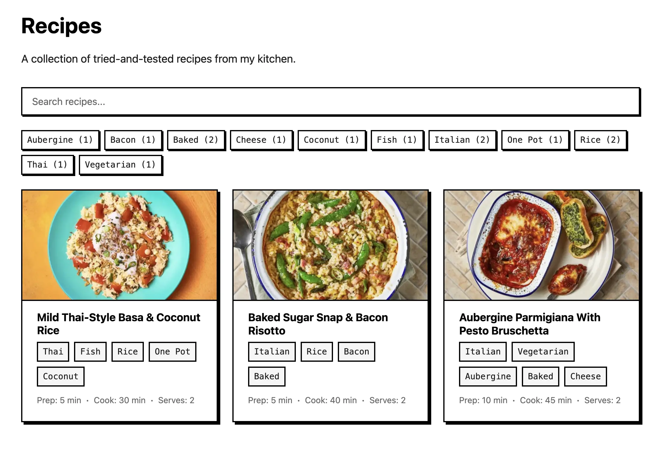 The recipes section of akli.dev showing a grid of recipe cards
